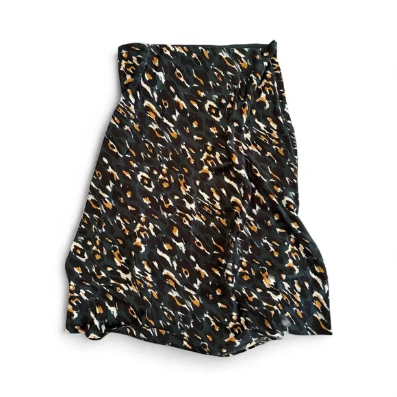 Express Dark Green Leopard Print Satin Silky Midi Slip Skirt Medium Autumn - Picture 1 of 8